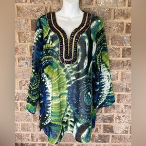 Andrea Jovine Womens  Tunic Top Size L Beaded Neckline Colorful Boho NWT